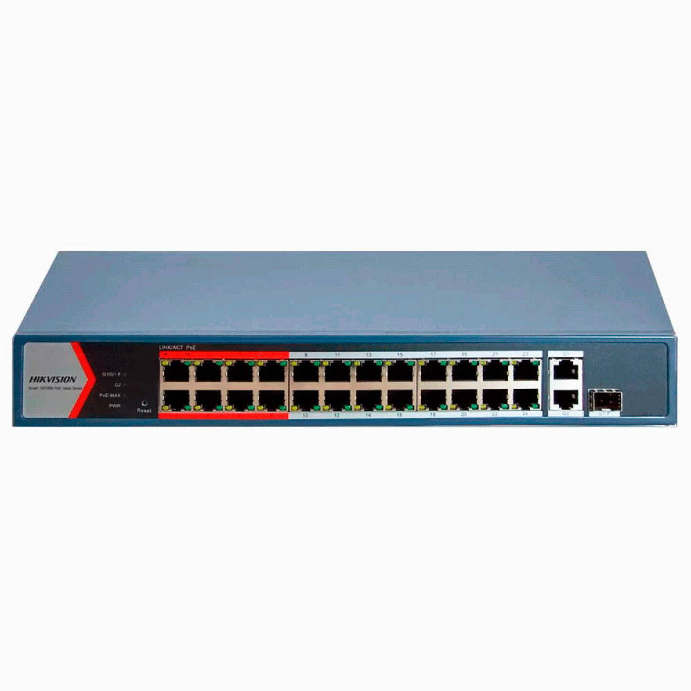 SWITCH 24 PUERTOS POE MAS 2 GIGABIT +1F ADMINISTRABLE Hikvision